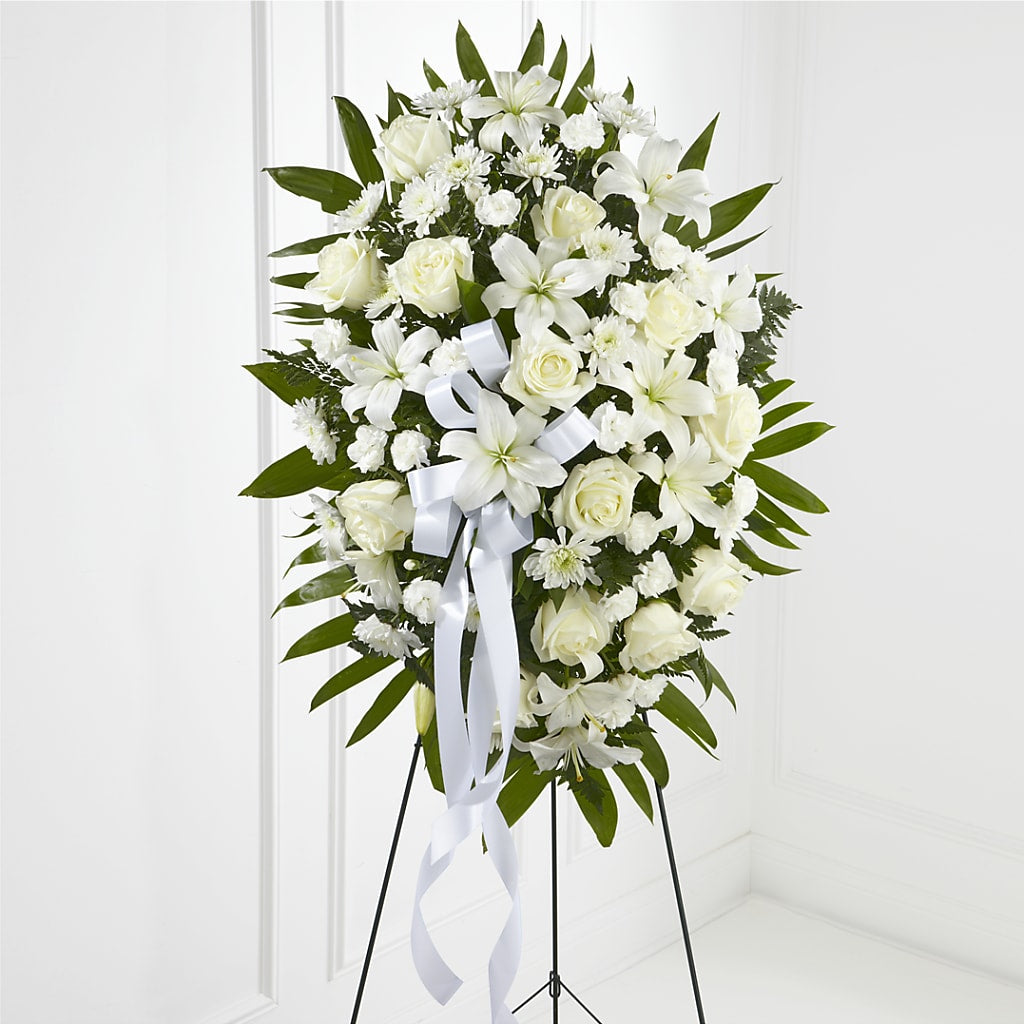 Exquisite Tribute Standing Spray-White Ribbon – CANDY'S CREATIONS, Hermitage MO